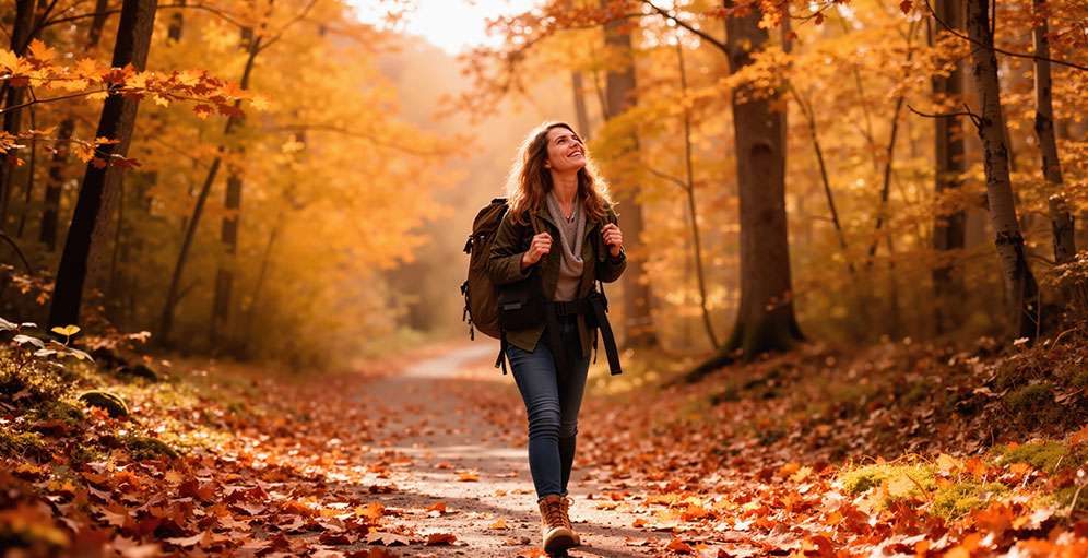Person walking along a forest path during autumn, symbolizing life transitions and personal growth in Ottawa.